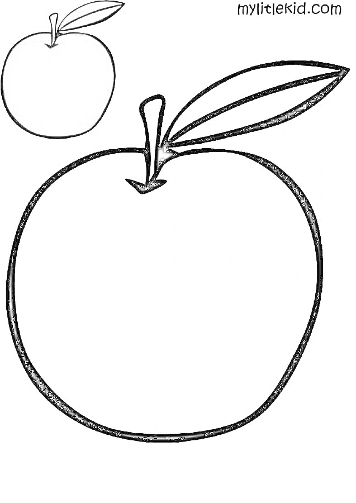 Раскраска Раскраска яблоко с изображением красного яблока и листья на белом фоне