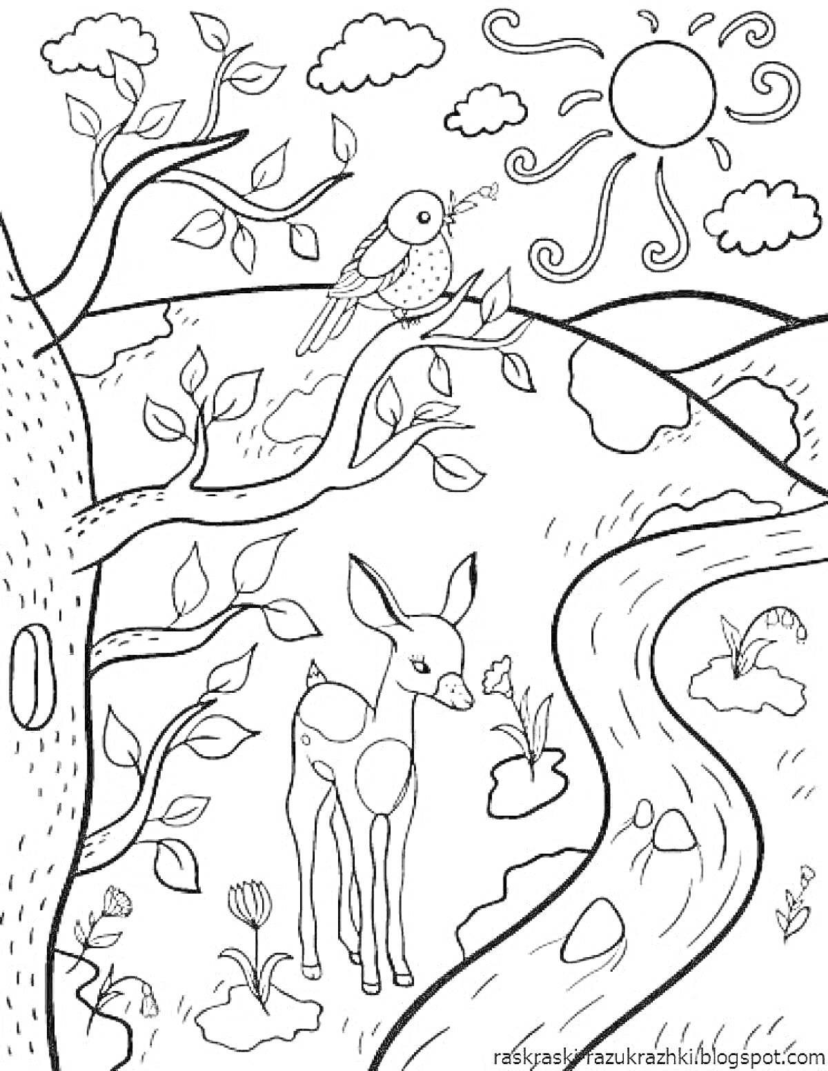 Раскраска оленёнок у ручья, птица на ветке, цветы, солнце и облака