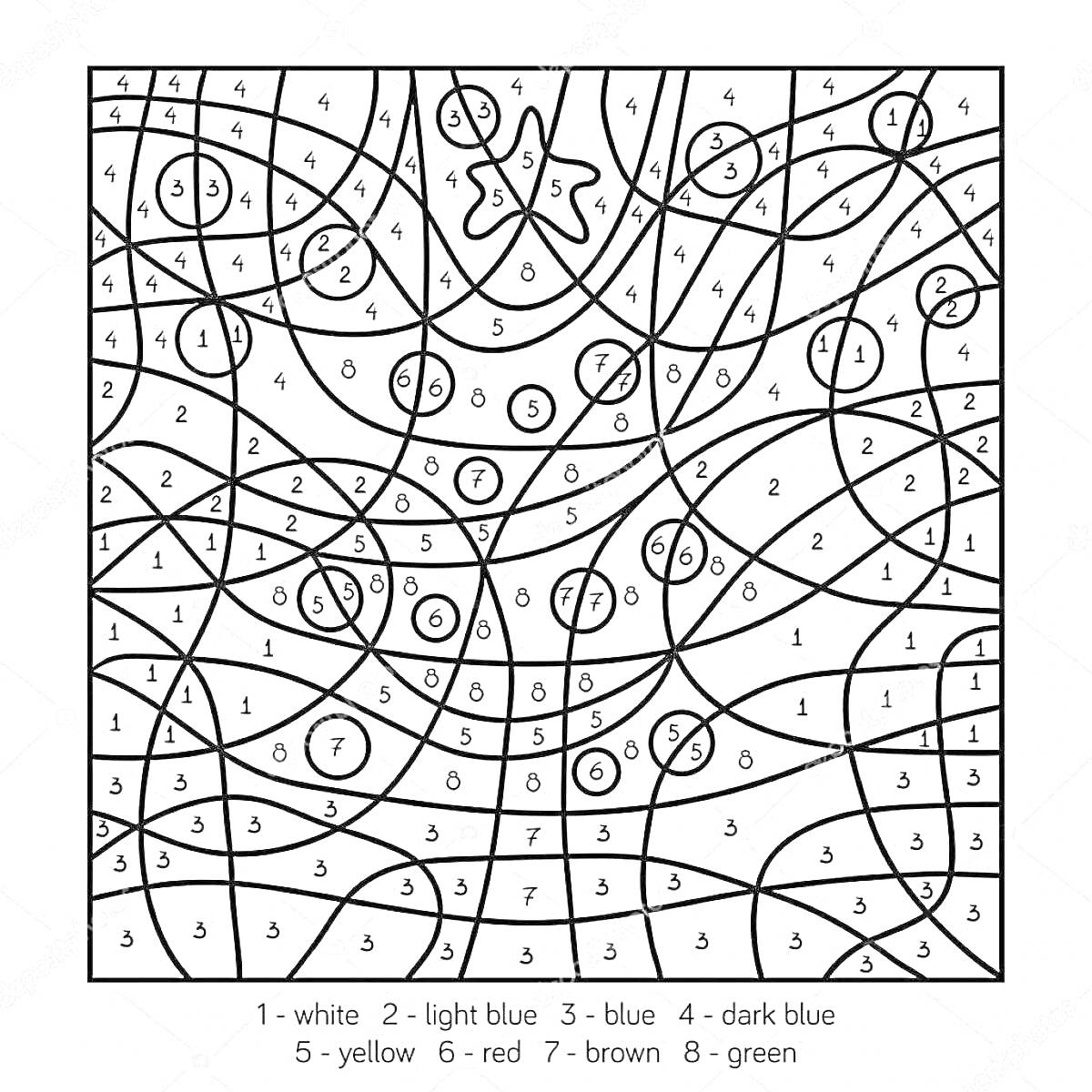 Раскраска Елка c украшениями и звездой на верхушке, раскраска по номерам