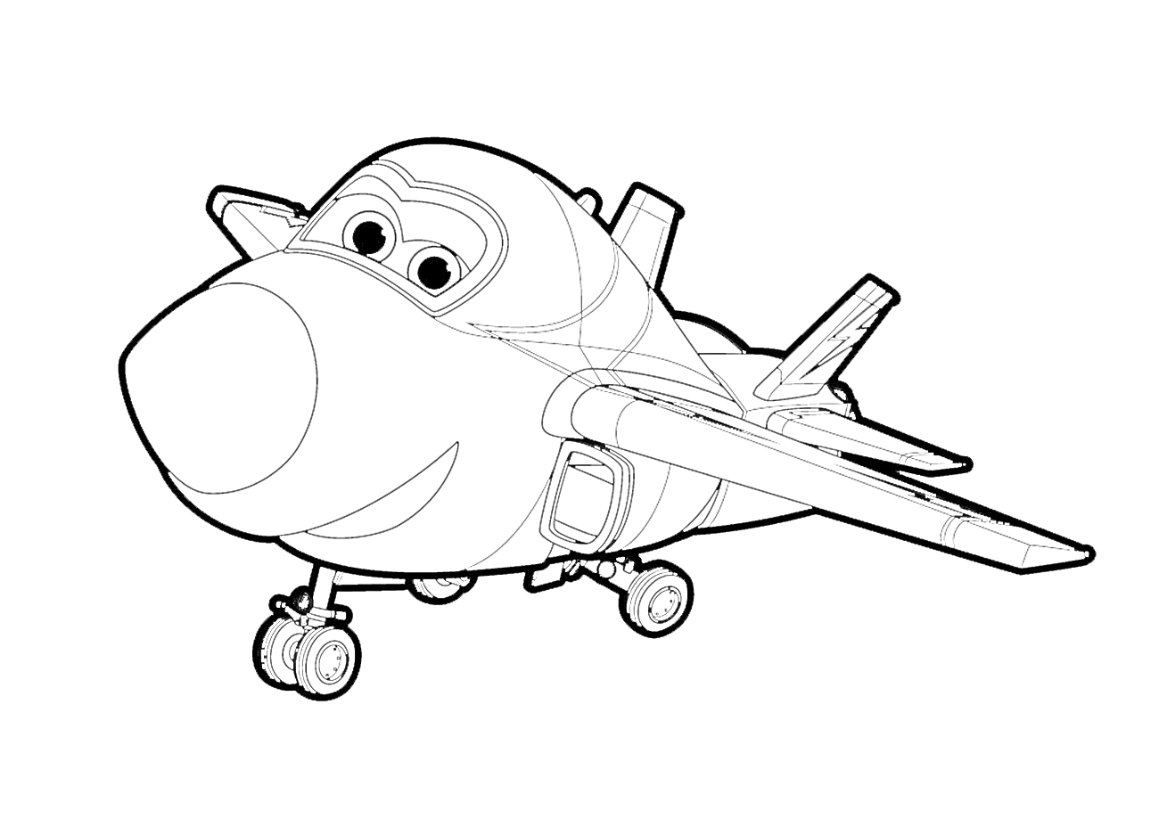 Раскраска Самолет с улыбающимся лицом и большими глазами, стоящий на колесах