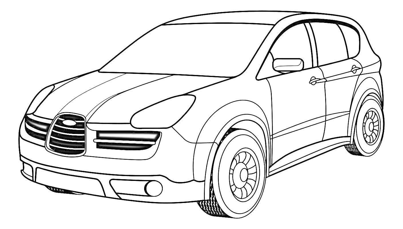 Раскраска Subaru (паркетник с деталями кузова, вид на колёса и окна, передние фары, решётка радиатора и зеркала заднего вида)