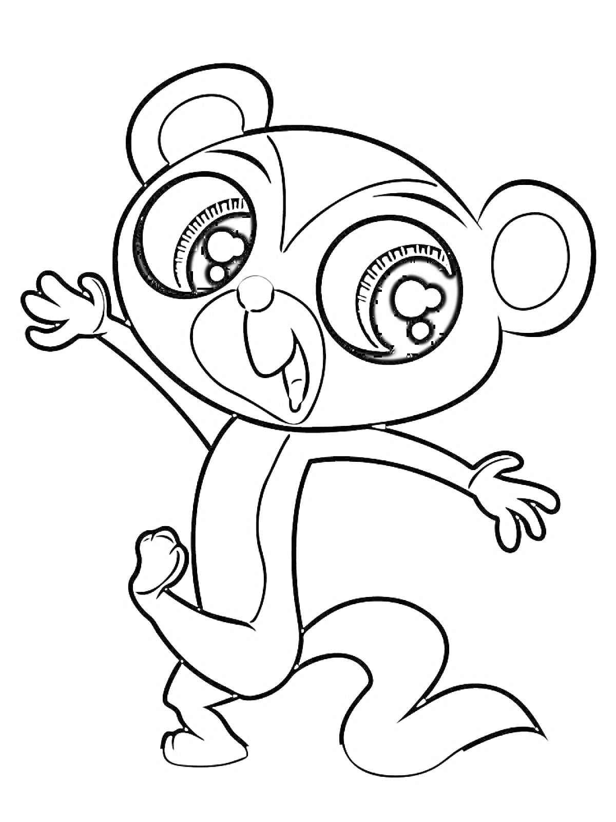 Раскраска Маленькая обезьянка с большими глазами машет рукой