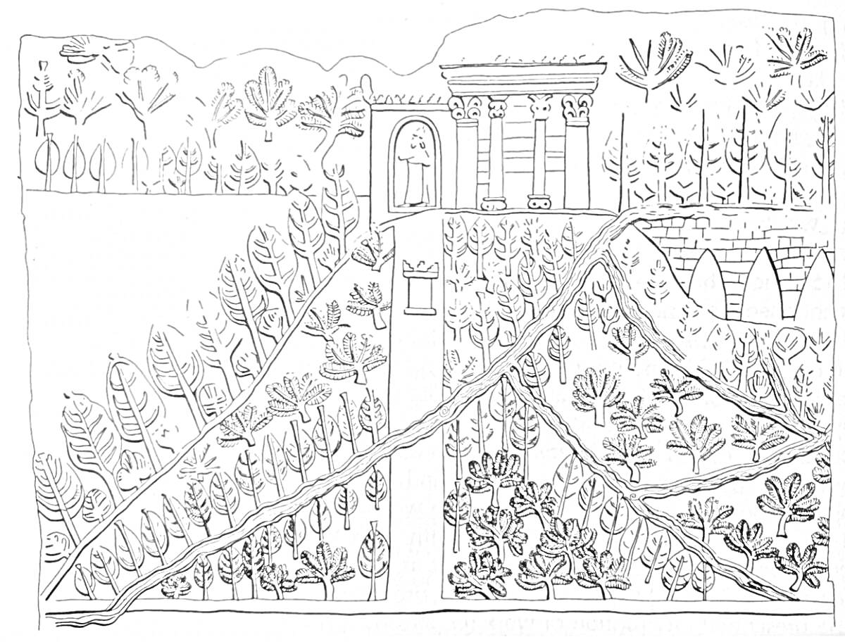 Раскраска Сад с древним арочным зданием, деревьями, кустарниками и многоствольными растениями