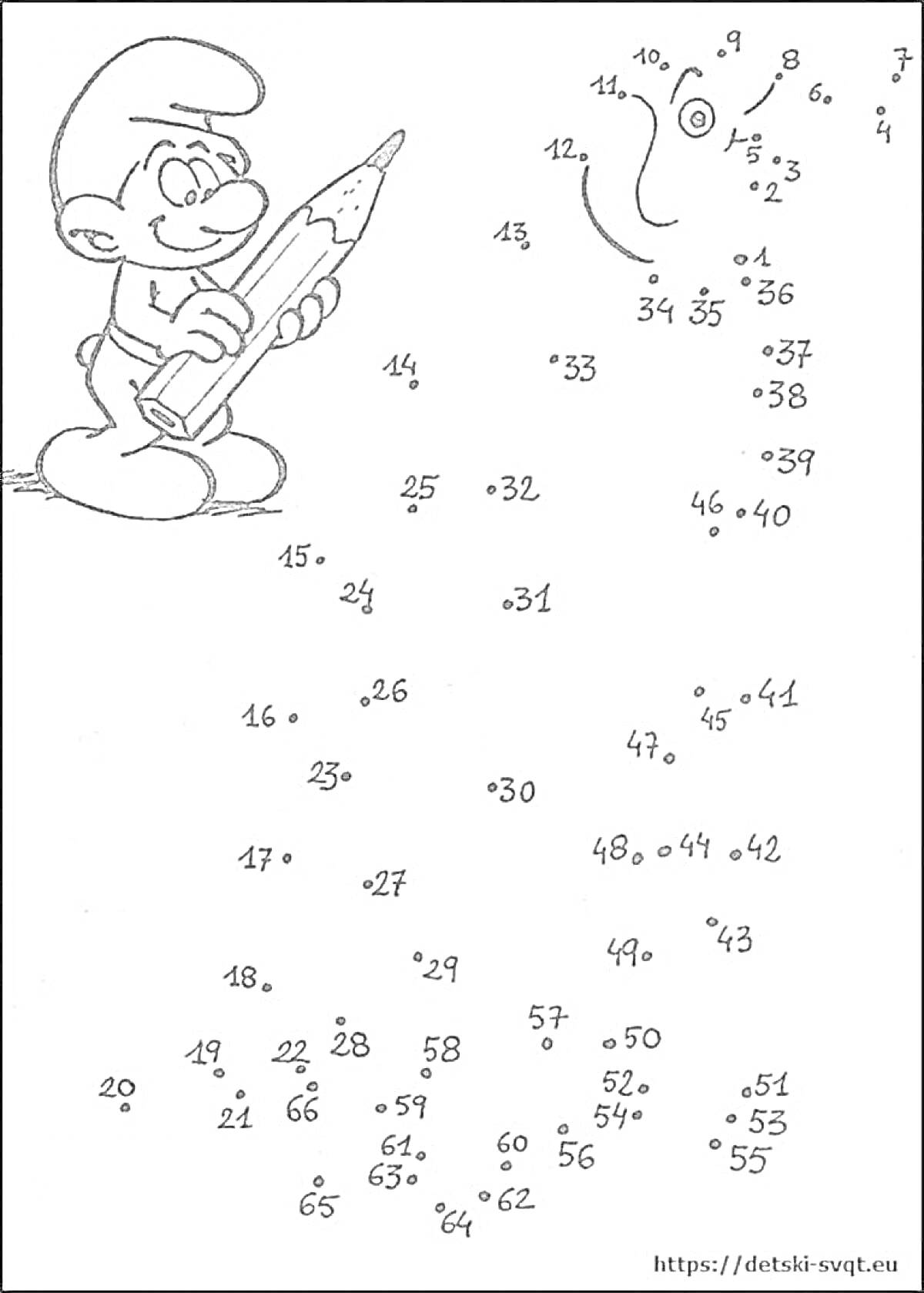 Раскраска Смурф с карандашом и соединением точек для создания рисунка
