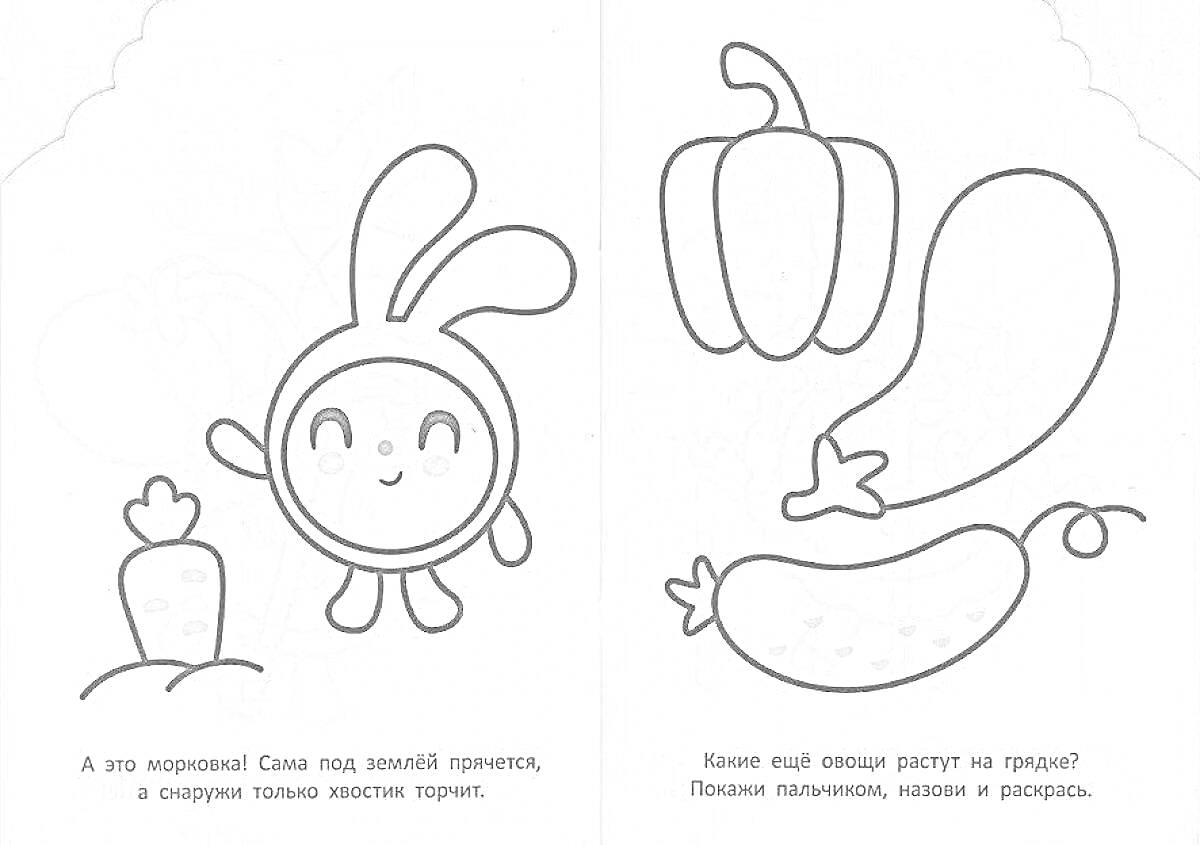 На раскраске изображено: Малышарики, Морковь, Перец, Баклажан, Огурец, Овощи, Для детей