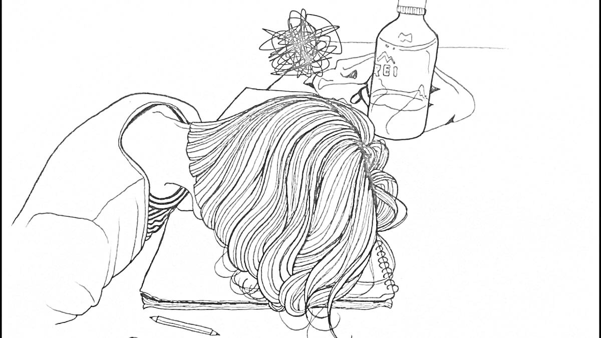 Раскраска Девушка, спящая на книге, бутылка, карандаш и скомканная бумага на заднем плане