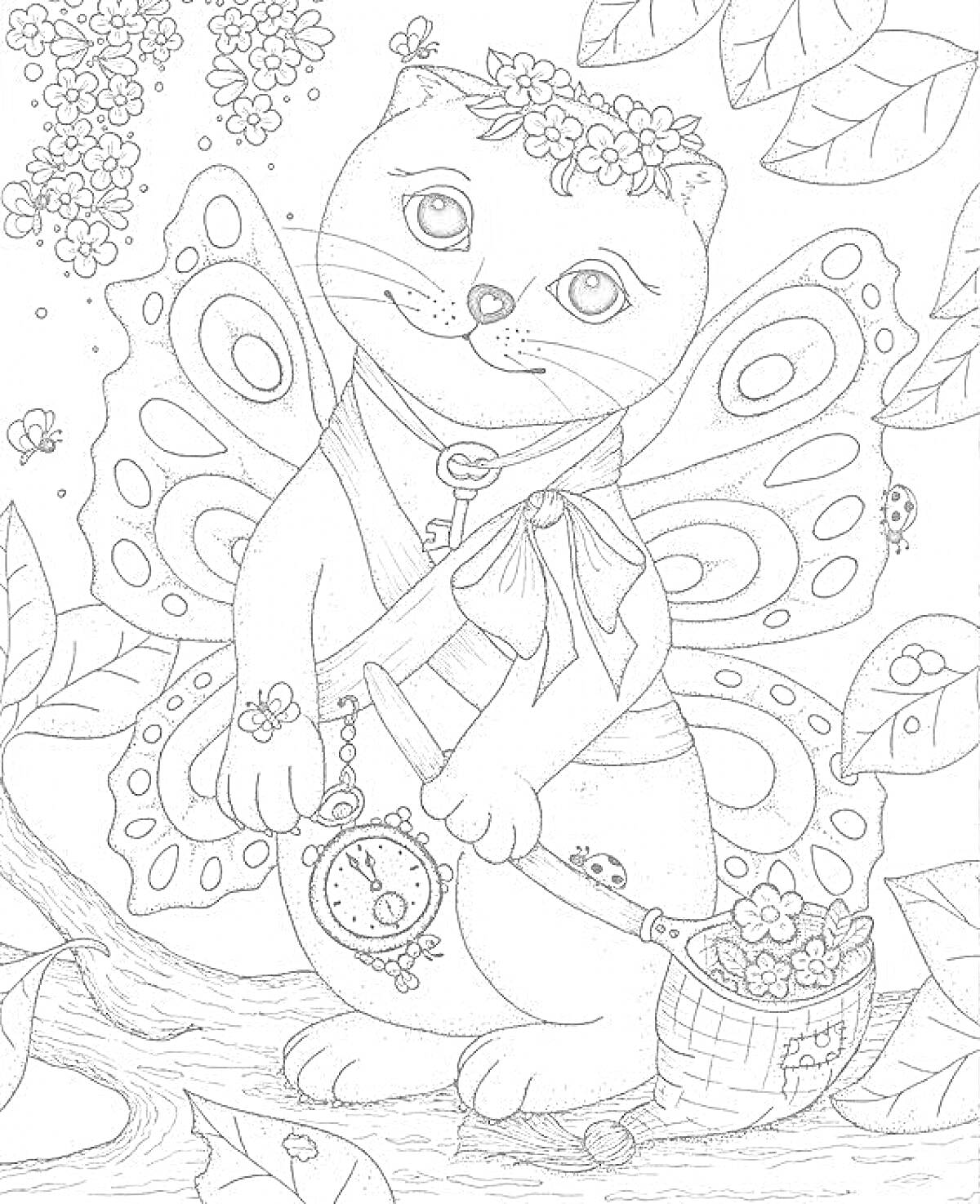 Раскраска Кот-фея с цветочным венком, крыльями, волшебной палочкой, ключом на шее и корзинкой с цветами в лесу