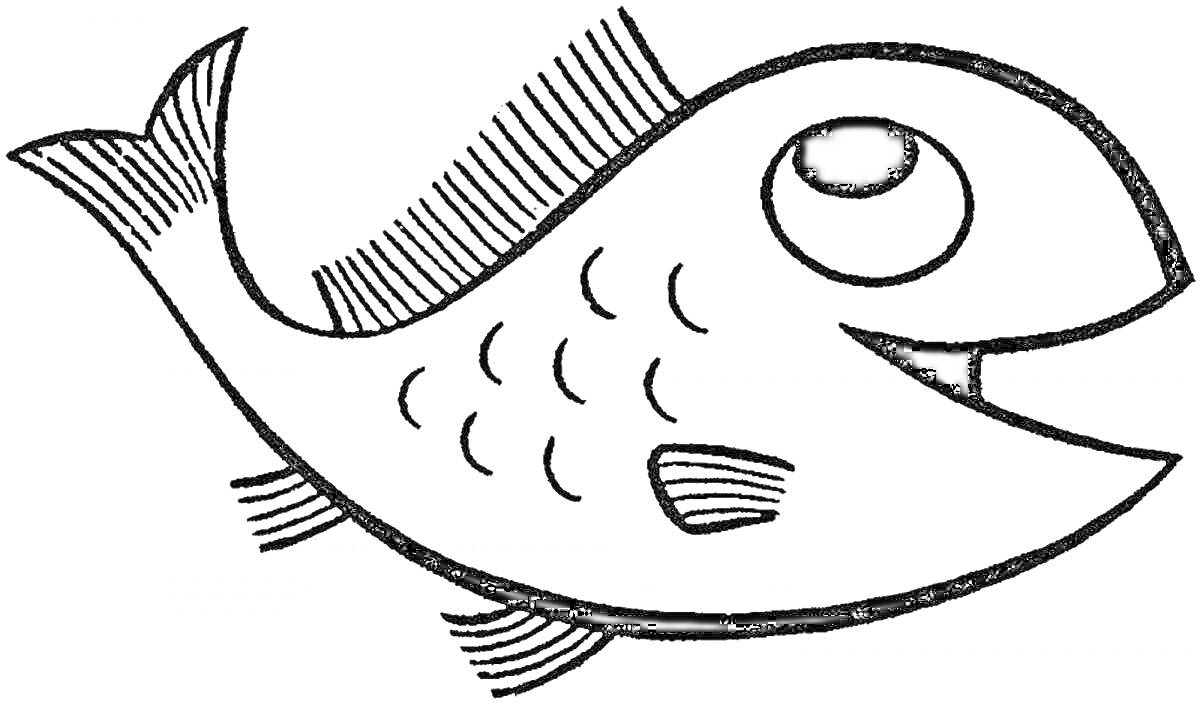 На раскраске изображено: Рыба, Большие глаза, Плавники, Для детей, Чешуя