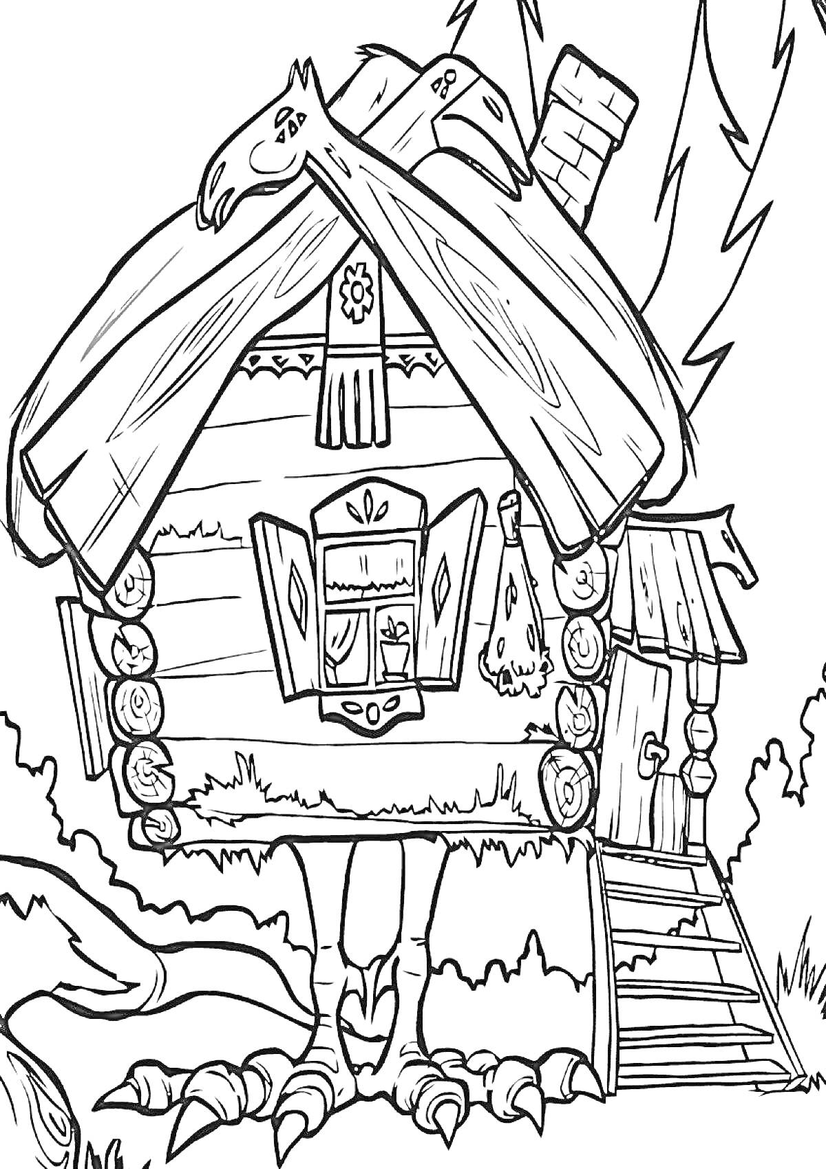 Раскраска Избушка на курьих ножках с орлиной головой на крыше, сруба из бревен, лестницей и окном с занавесками
