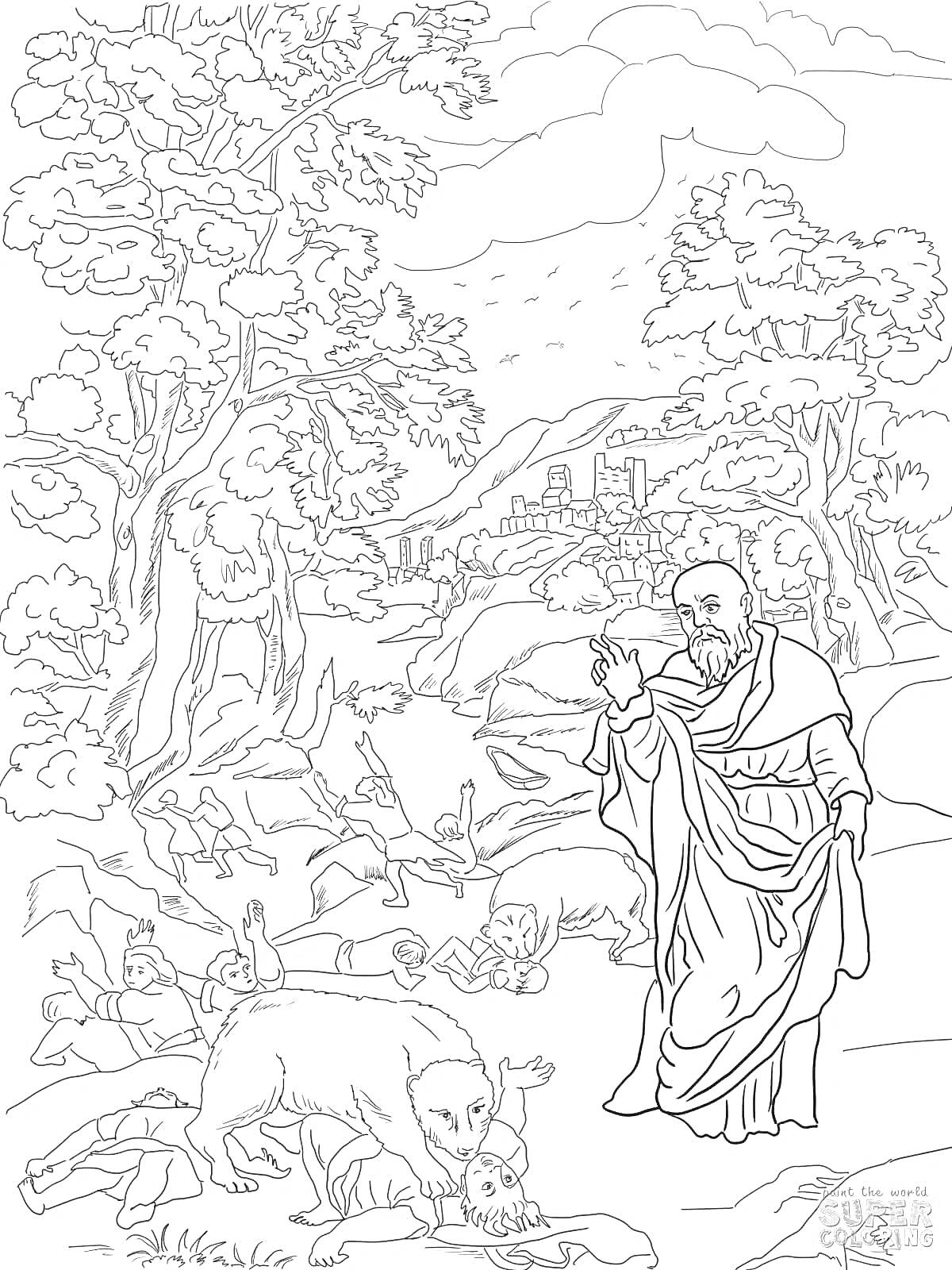На раскраске изображено: Пророк, Деревья, Природа, Библейская сцена, Облака, Историческая сцена