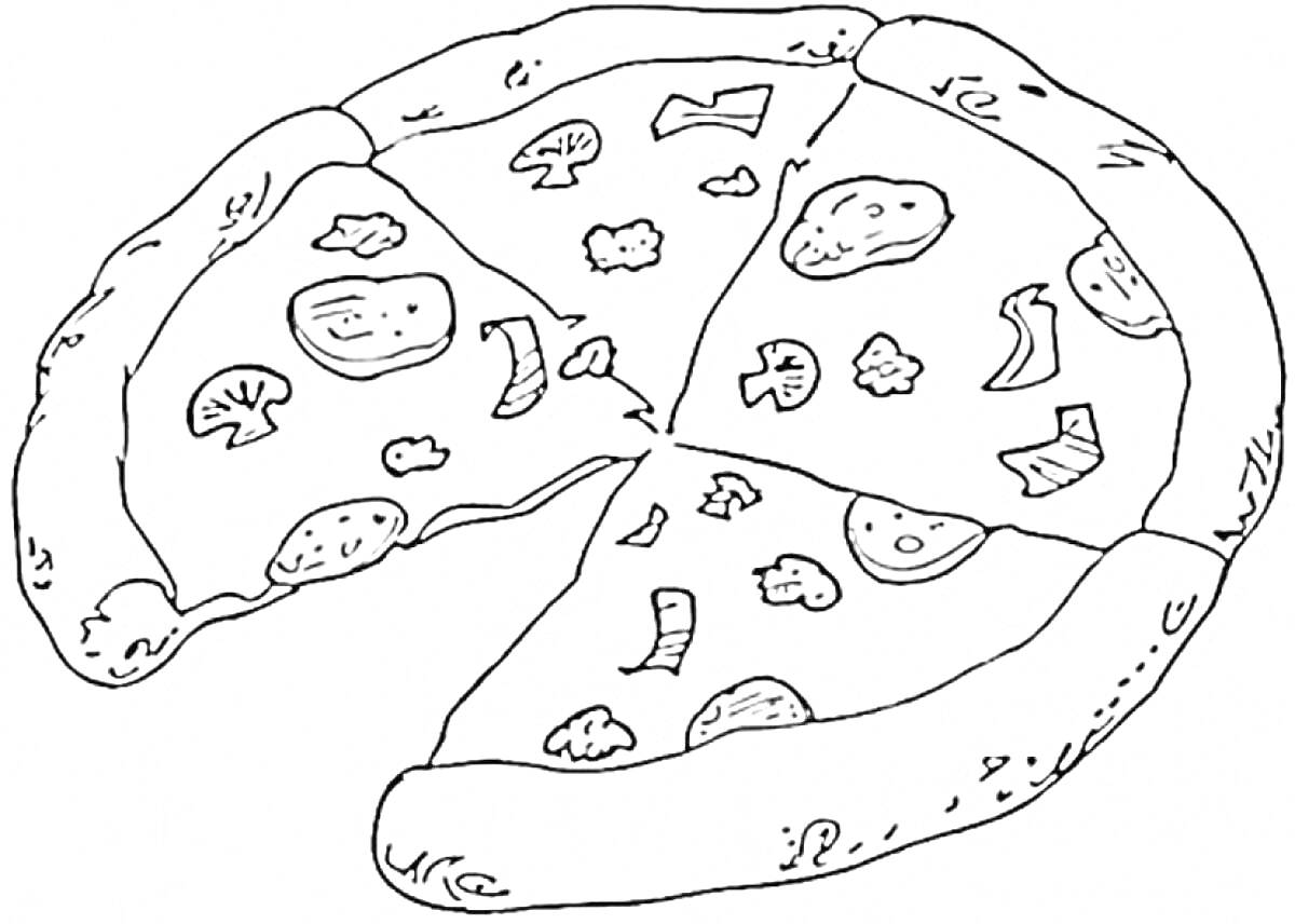 На раскраске изображено: Пицца, Еда, Грибы, Колбаса, Сыр, Перец, Для детей, Кусок