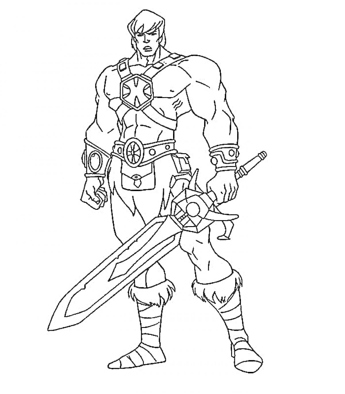Раскраска Сильный воин с мечом, мускулистый, в боевом костюме