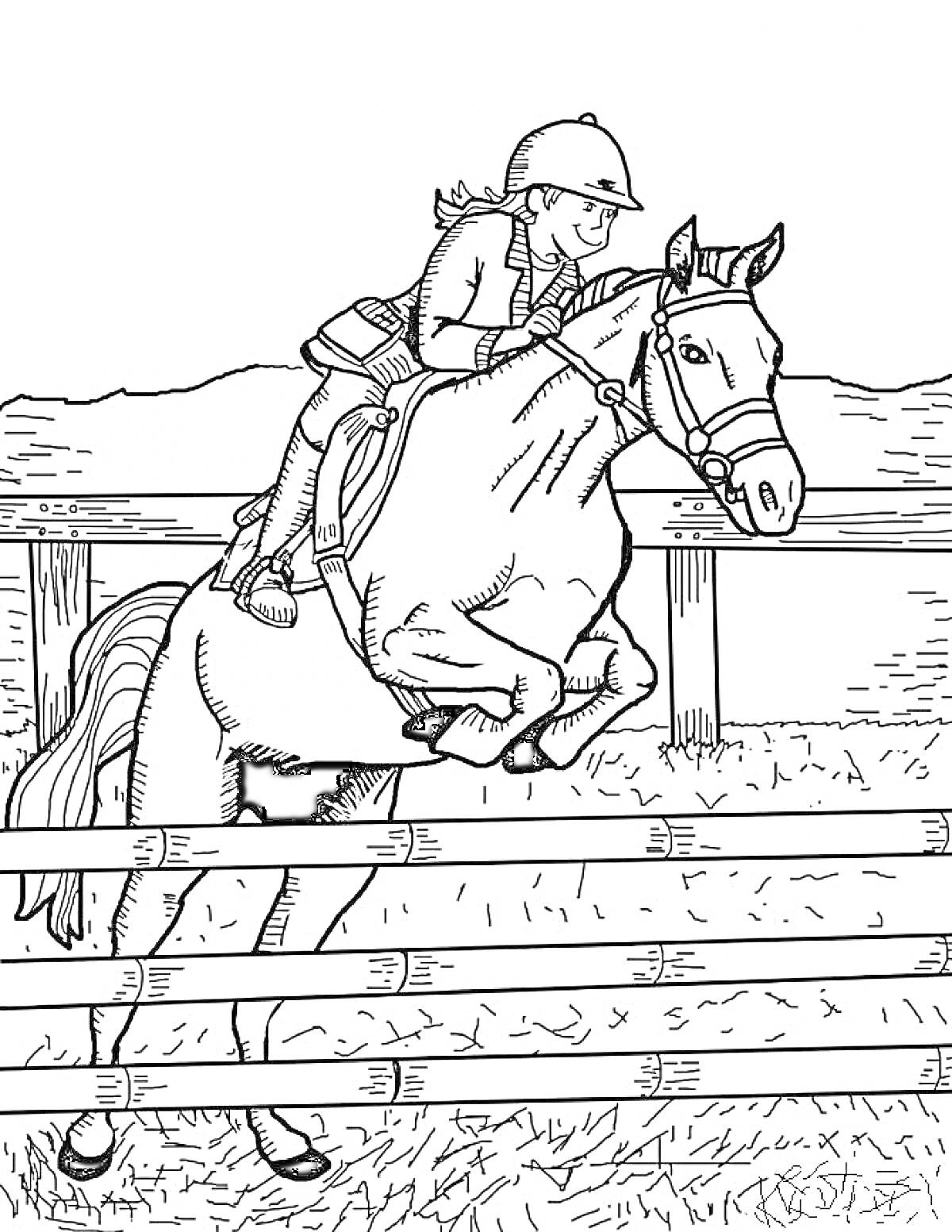 Раскраска Ребёнок верхом на лошади, перепрыгивающей через препятствие, ограда, фон с холмами и травой