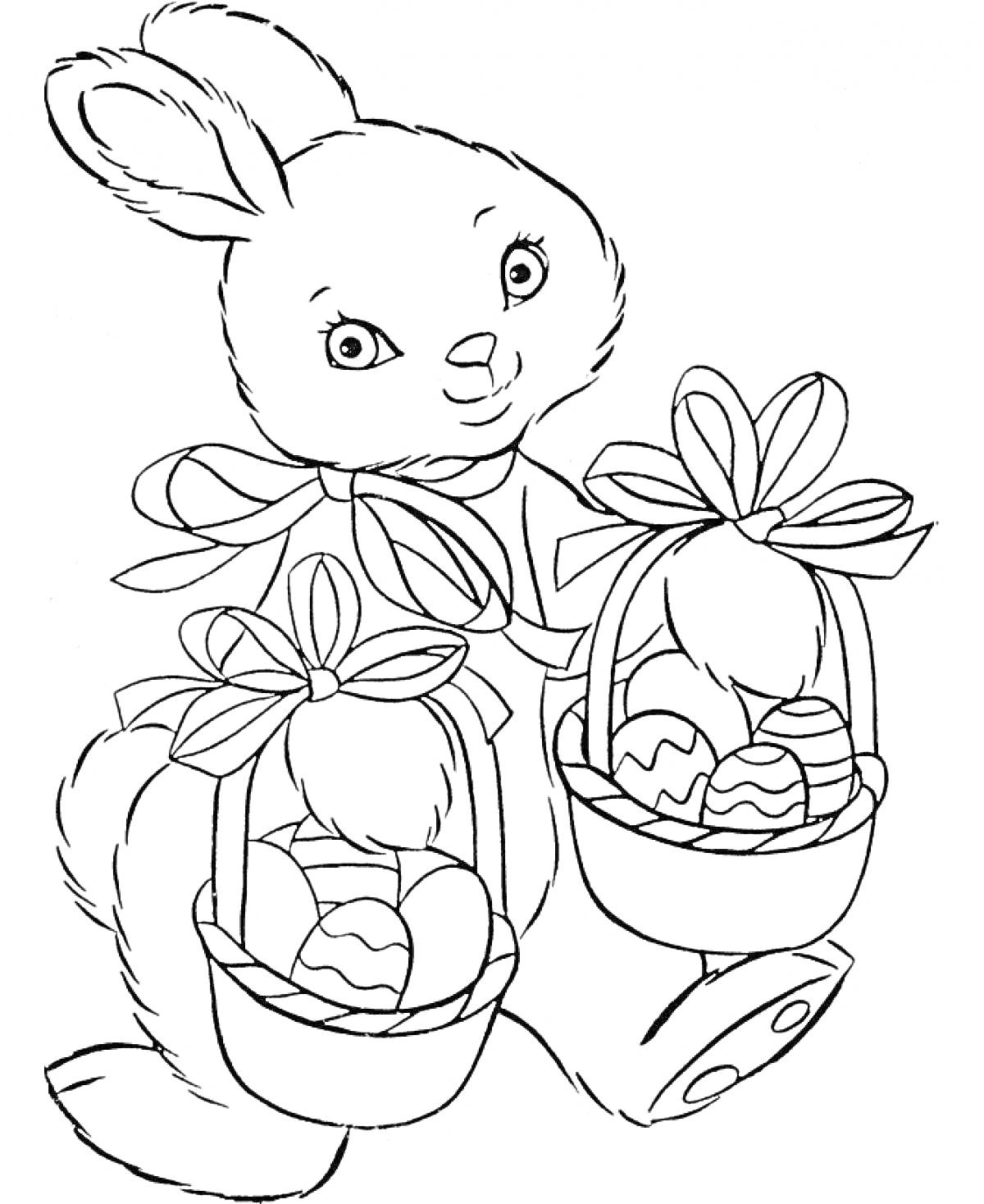 Раскраска Пасхальный кролик с корзинками пасхальных яиц