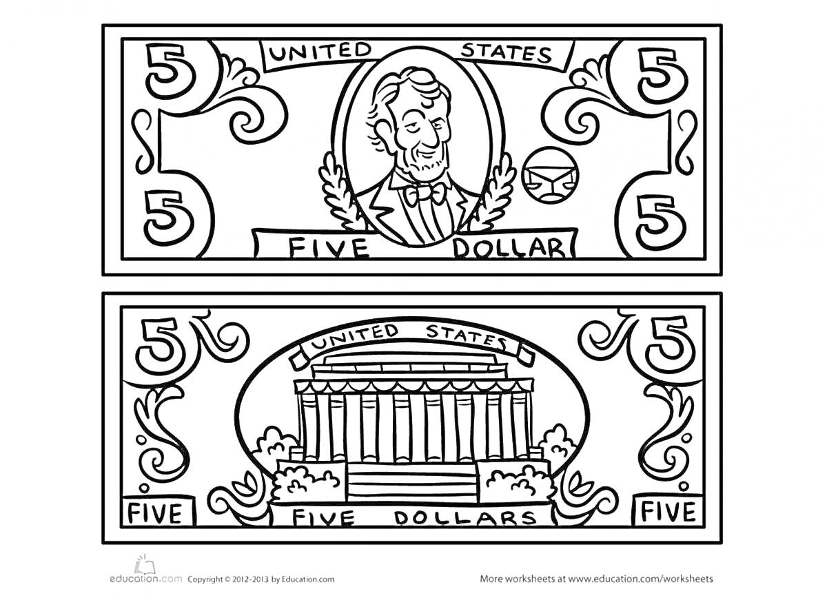 На раскраске изображено: Деньги, США, Здание, Цифра 5, Валюта, Банкнота, Для детей, Купюры, Портреты