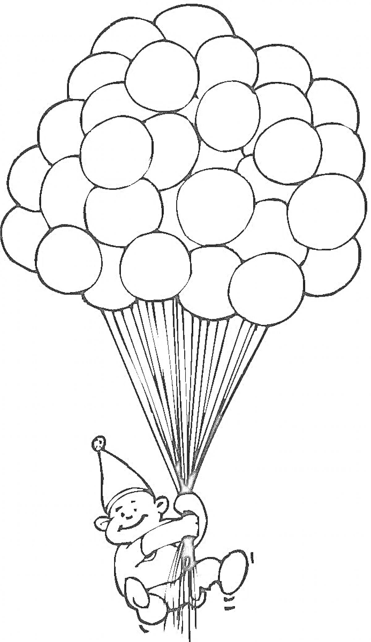 На раскраске изображено: Человек, Полет, Ребенок, Воздушные шары