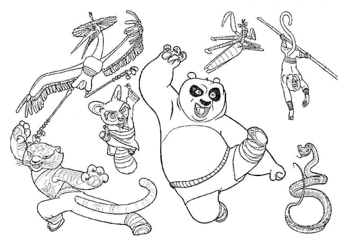 Раскраска персонажи боевых искусств с животными: персонажи сверчок воин и журавль мастер с крыльями, панда воин, обезьяна мастер на шесте, маленький зверек в боевом прыжке, тигр воин, змея мастер
