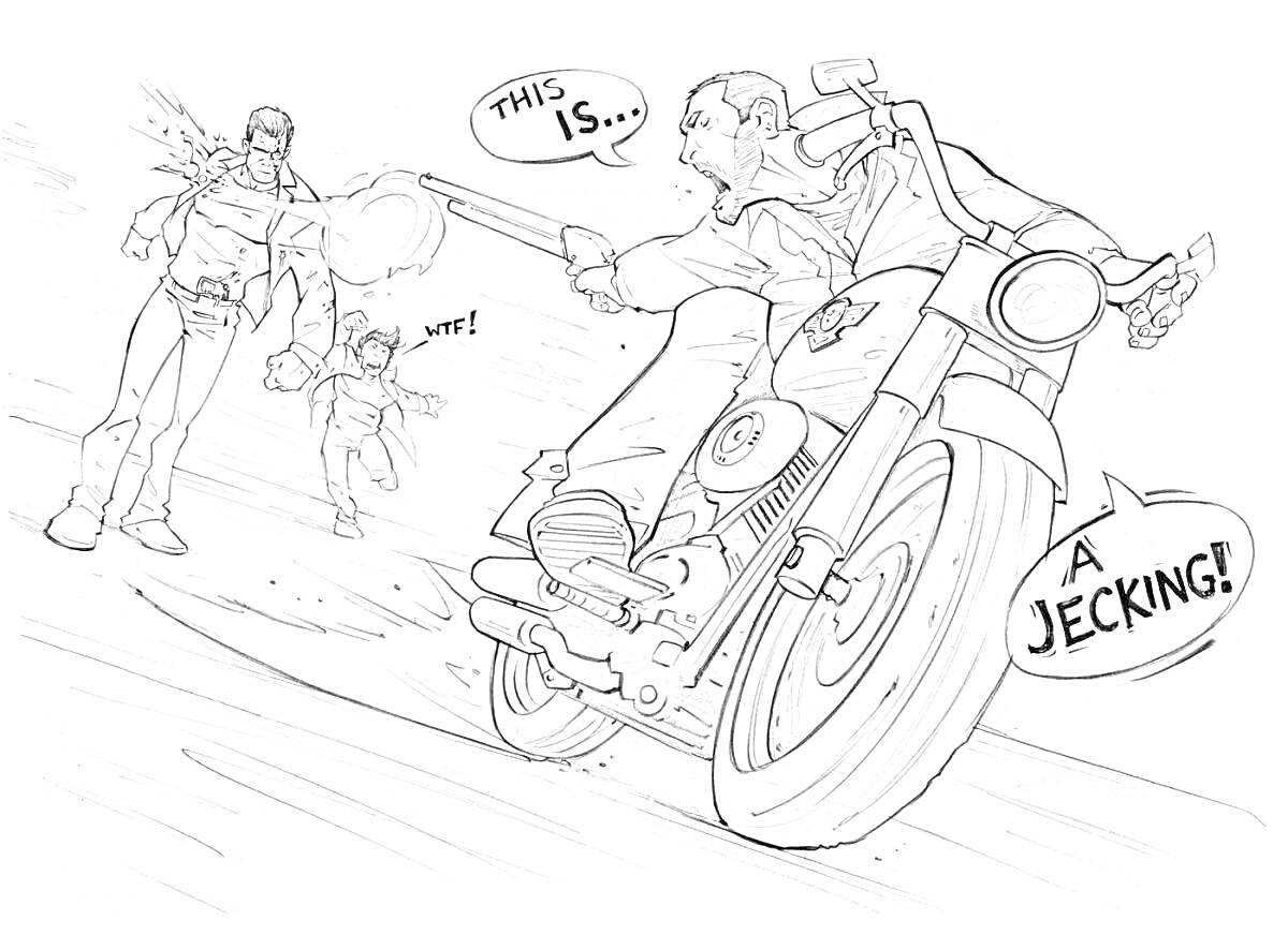 Раскраска Мужчина на мотоцикле с битой, мужчина с пистолетом и мальчик убегают на заднем плане.
