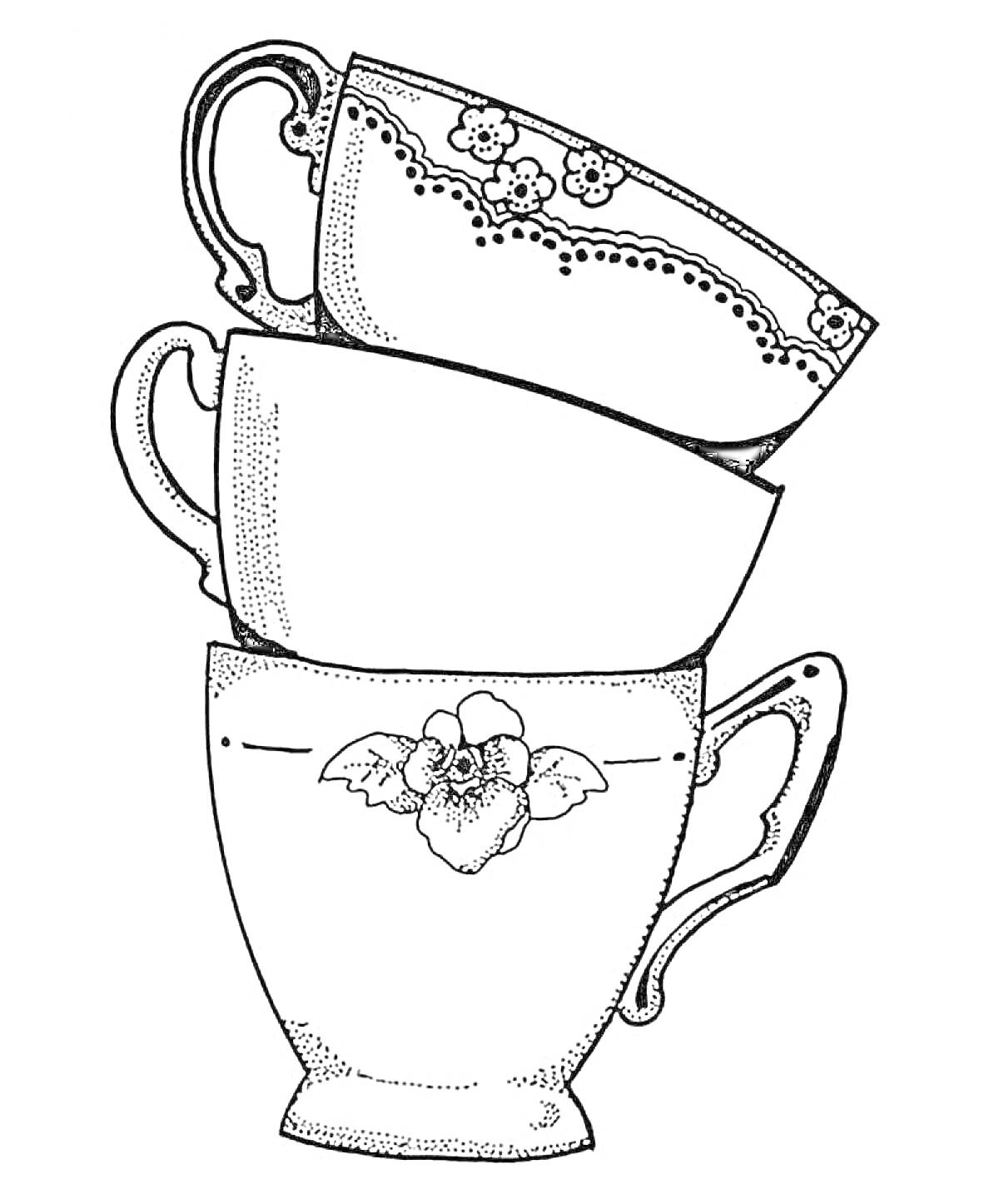 Раскраска Три чашки с цветочными узорами, сложенные друг на друга