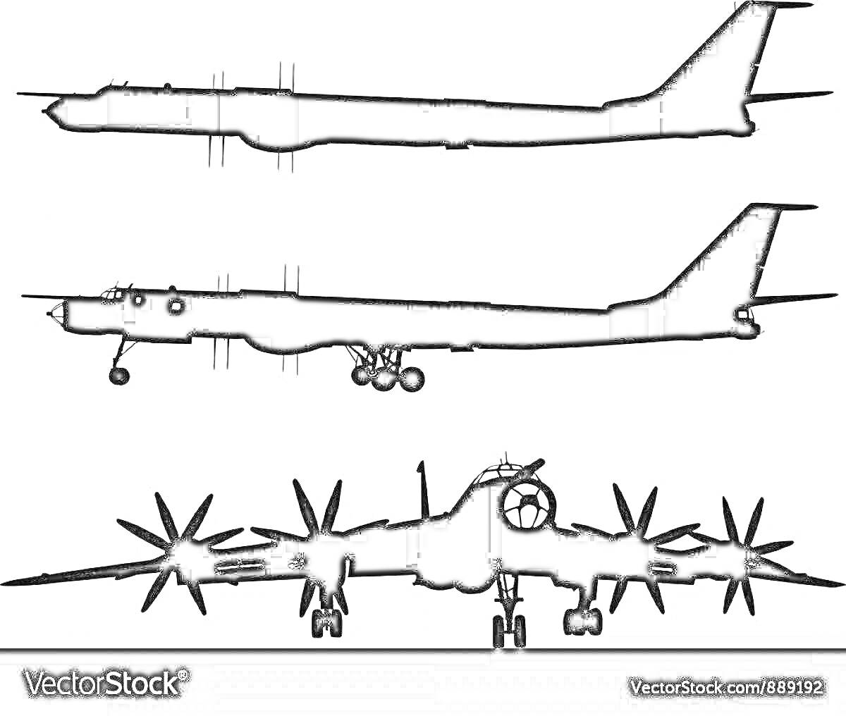 Раскраска Силуэт российского стратегического бомбардировщика Ту-95 в трёх проекциях: вид сверху, сбоку и спереди.