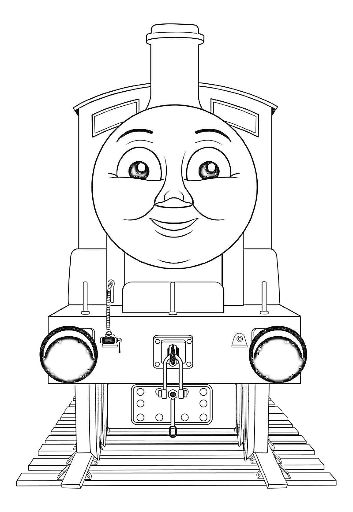 На раскраске изображено: Локомотив, Железная дорога, Поезд, Для детей, Паровоз, Томас и его друзья