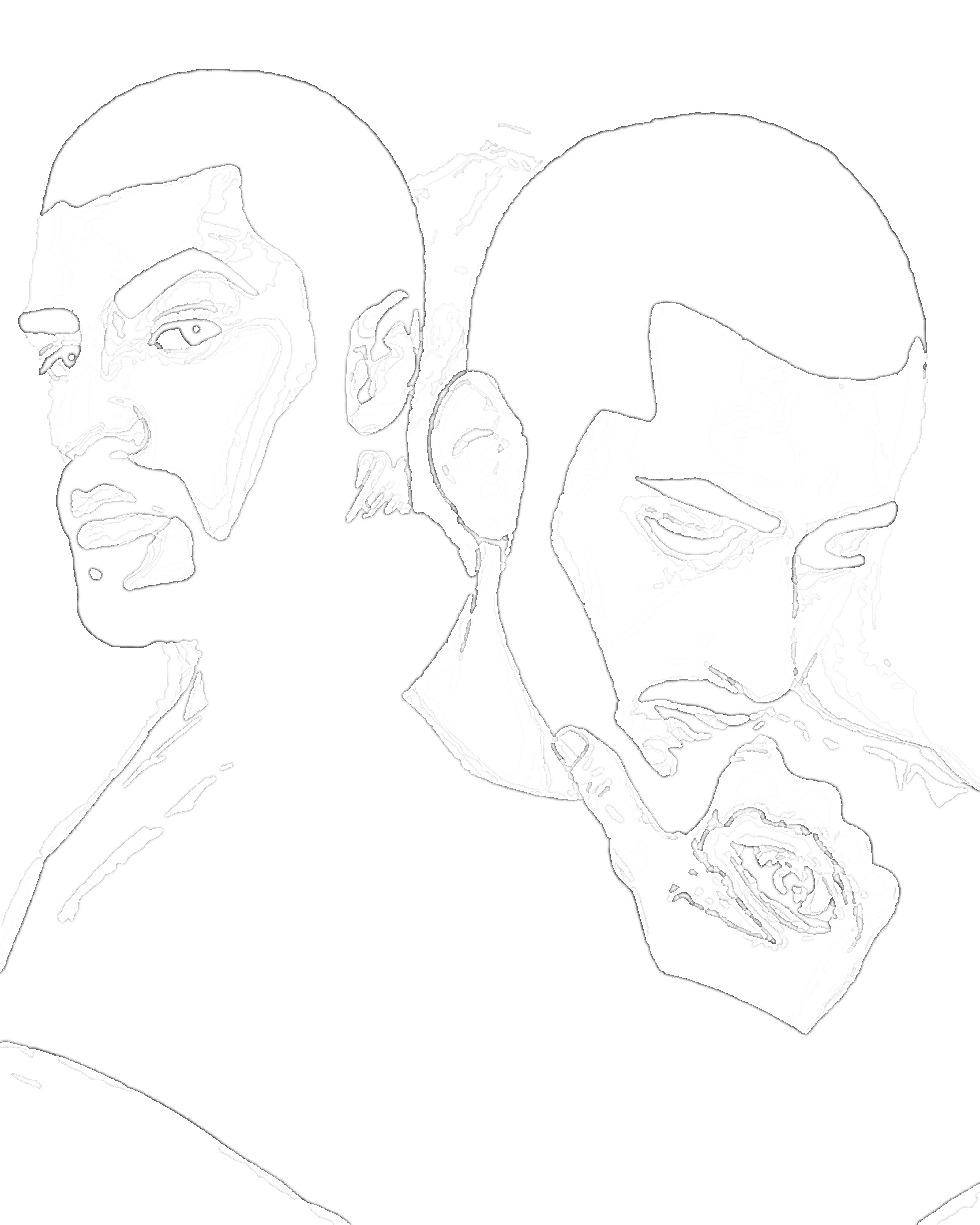 Раскраска Раскраска по номерам - Портреты двух мужчин с бородами и короткими волосами, один смотрит в камеру, другой вниз, держась за подбородок с рисунком глаза на руке