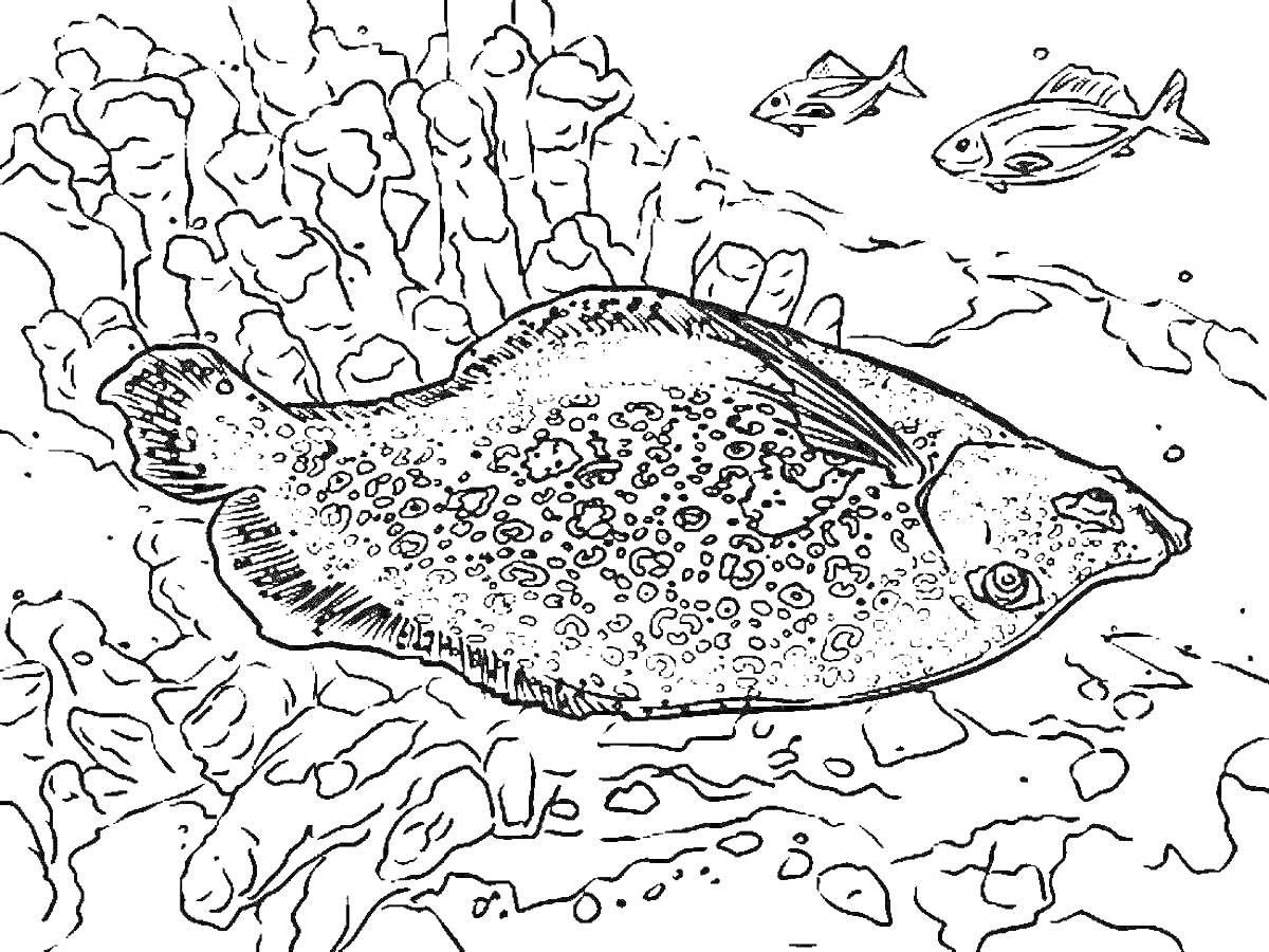 Раскраска Камбала на морском дне с рифами и двумя рыбами на заднем плане
