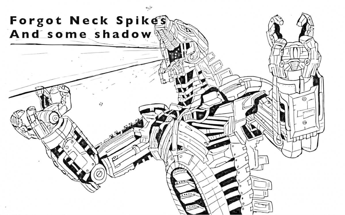 Раскраска Робот Годзилла в боевой позе с лазерными лучами изо рта и поднятыми руками, детализация механизмов и панелей