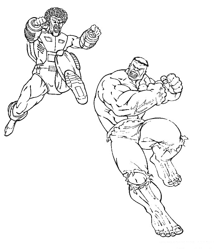 Раскраска Халк и летающий супергерой в боевых позах