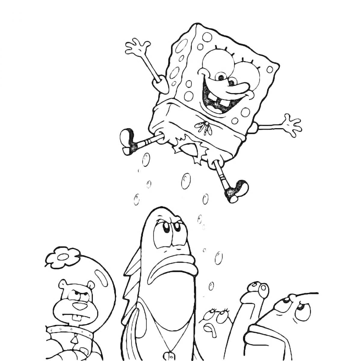 На раскраске изображено: Губка Боб, Подводный мир, Белка, Рыба