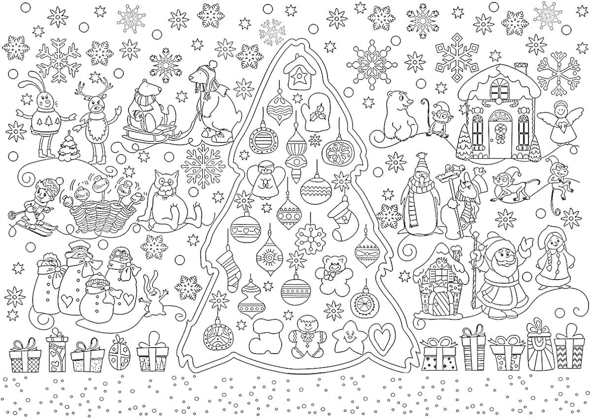 На раскраске изображено: Новый год, Игрушки, Снеговики, Подарки, Снег, Дед Мороз, Елочные игрушки, Снегопад, Волшебство, Елки, Праздники
