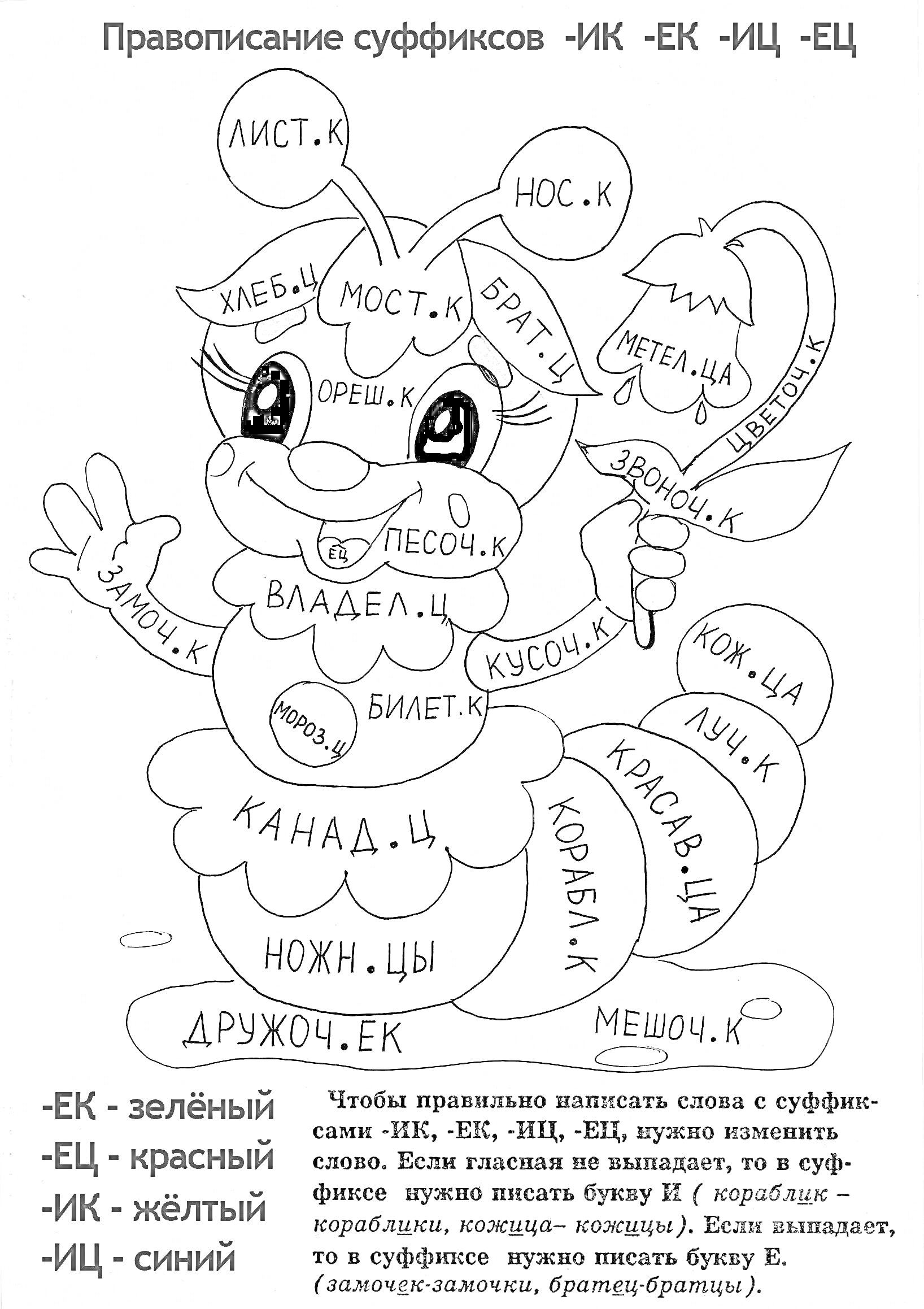 Раскраска Правописание суффиксов -ИК, -ЕК, -ИЦ, -ЕЦ (мультипликационный персонаж с элементами слов)