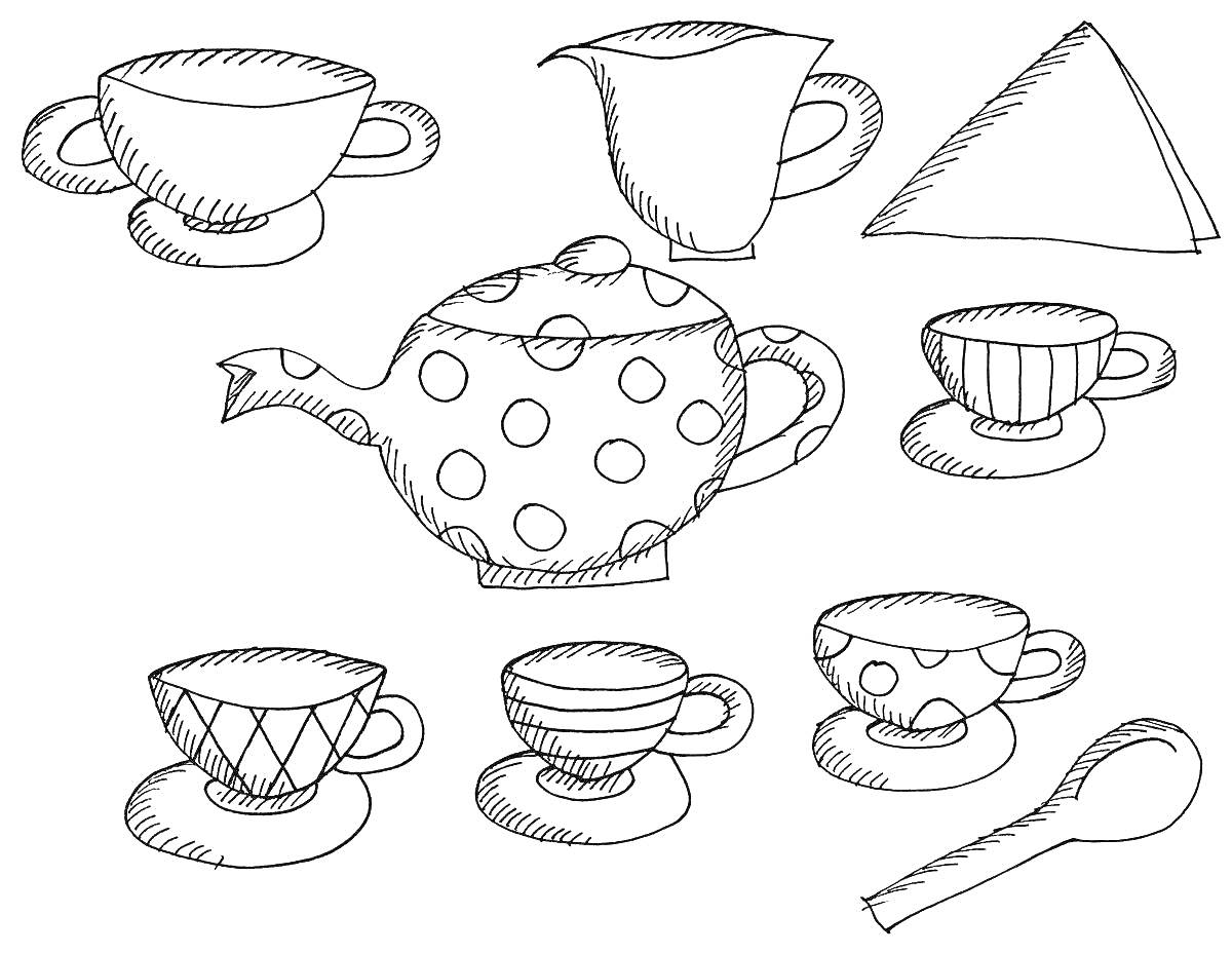 Раскраска Чайный сервиз с чайником, чашками, блюдцами, кувшином, ложкой и салфеткой