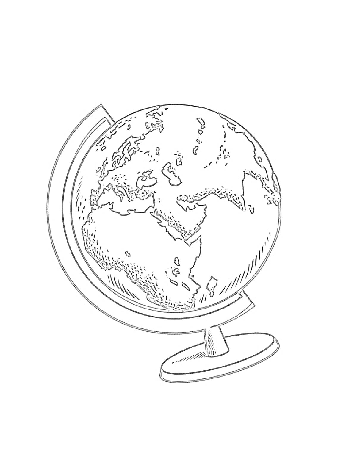 На раскраске изображено: Глобус, Карта мира, Подставка, Континенты