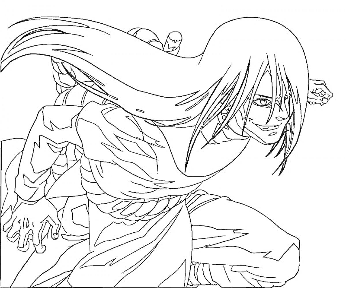 Раскраска Орочимару с длинными волосами в боевой стойке, энергия в правой руке, традиционное облачение