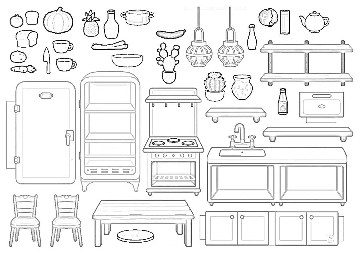 Кухня тока бока с холодильником, плитой, кухонными шкафами, стеллажами и различной бытовой утварью и продуктами