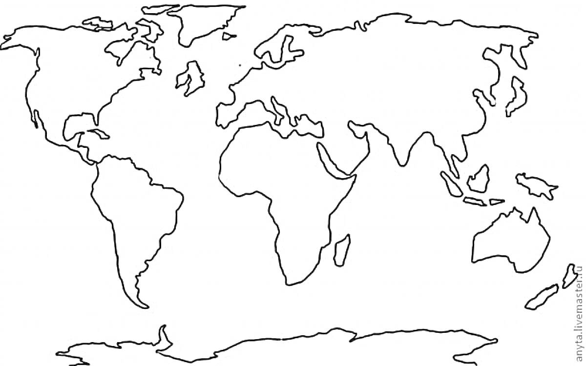 На раскраске изображено: Континенты, Мир, Карта, География, Северная Америка, Южная Америка, Европа, Африка, Азия, Австралия, Антарктида, Земной шар