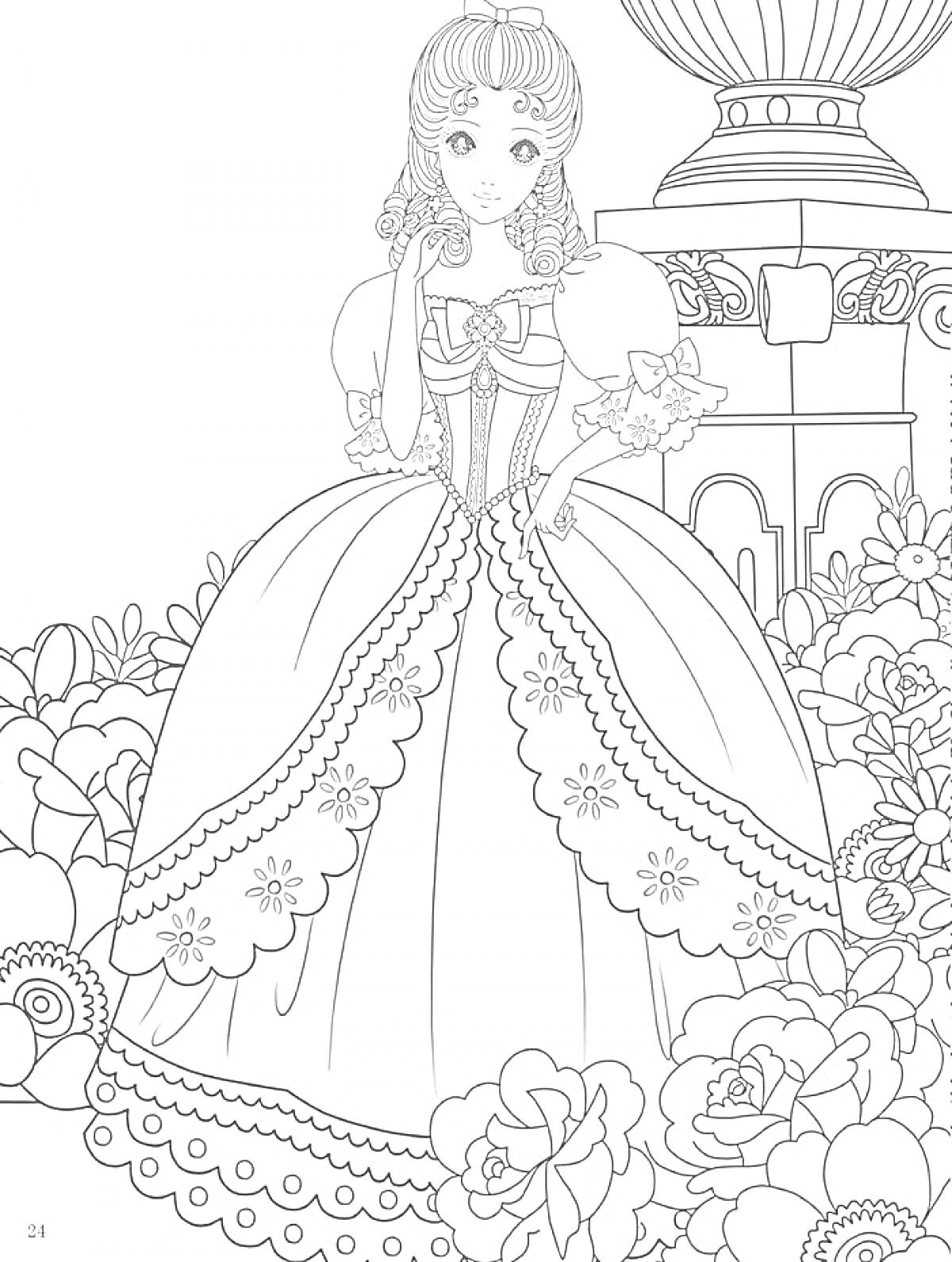 Раскраска Принцесса в пышном платье среди цветов у фонтана