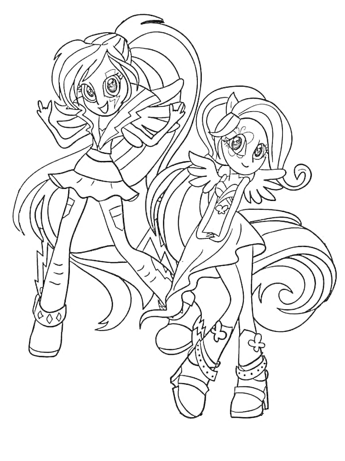 Раскраска Две девочки из Эквестрия Герлз с длинными волосами и крыльями, в модных нарядах и обуви на высоких платформах.