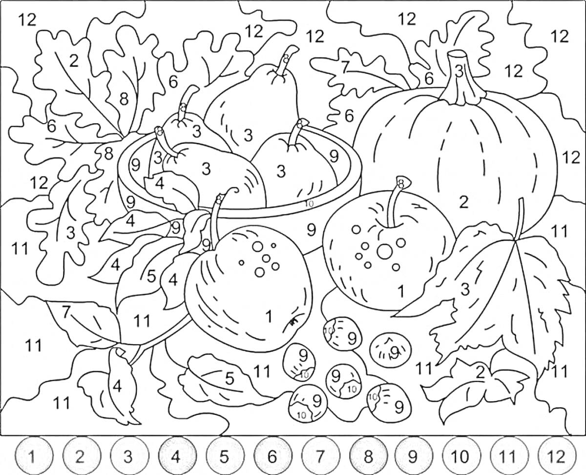 На раскраске изображено: По номерам, Фрукты, Овощи, Груши, Тыква, Осенние листья, Осень, Натюрморт, Яблоко