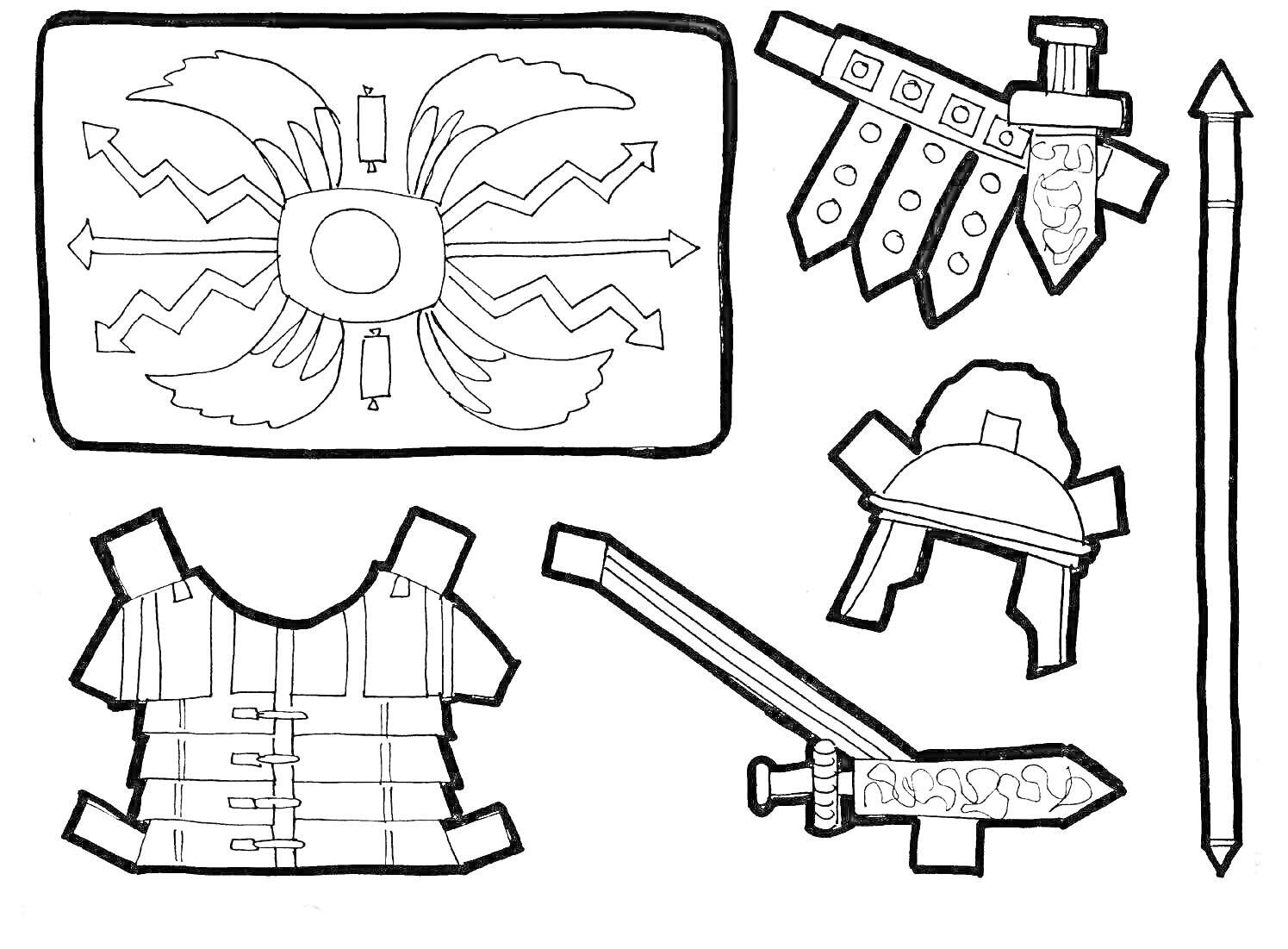 Раскраска Щит с узором, кольчуга, меч, кинжал, покрышка для бедра с ножнами, шлем, копьё