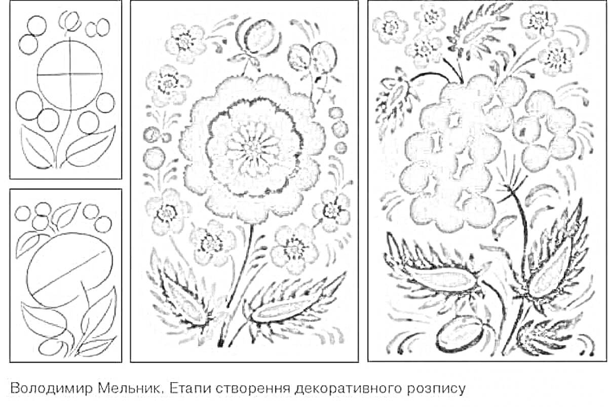 На раскраске изображено: Петриковская роспись, Цветы, Листья, Ягоды, Розы, Мелкие цветы, Декоративная роспись