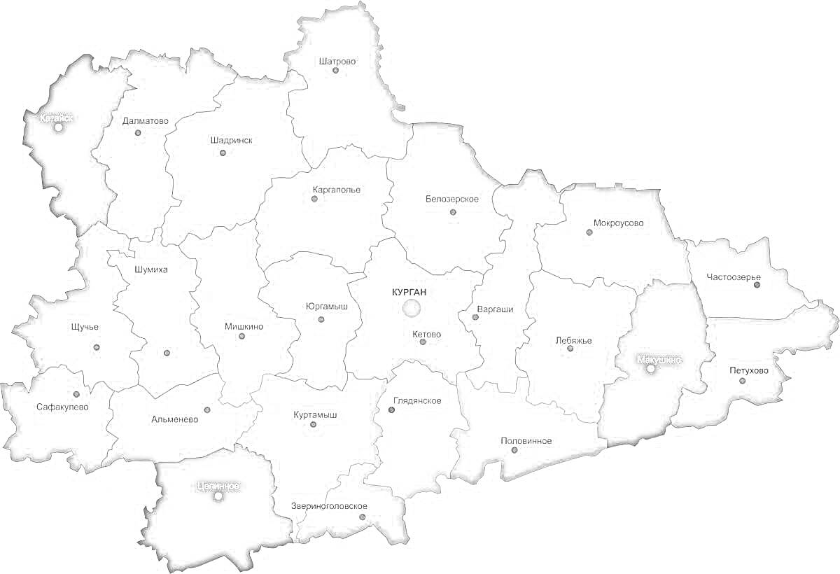 Раскраска Карта Курганской области с обозначенными районами и их названиями