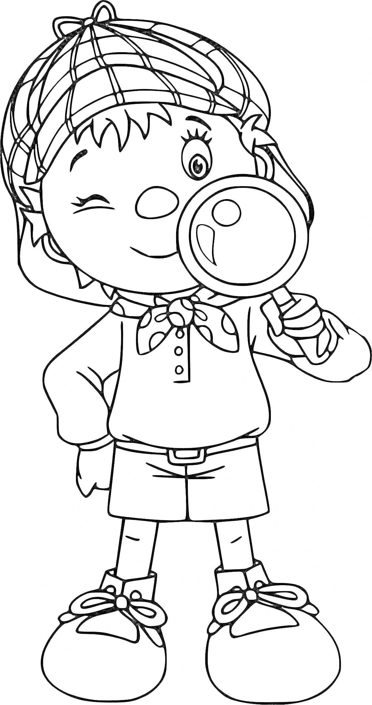 Раскраска Мальчик-детектив с увеличительным стеклом, в кепке
