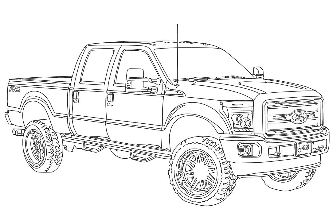 Раскраска Форд грузовик с четырёхдверной кабиной, большими колёсами и высокой подвеской
