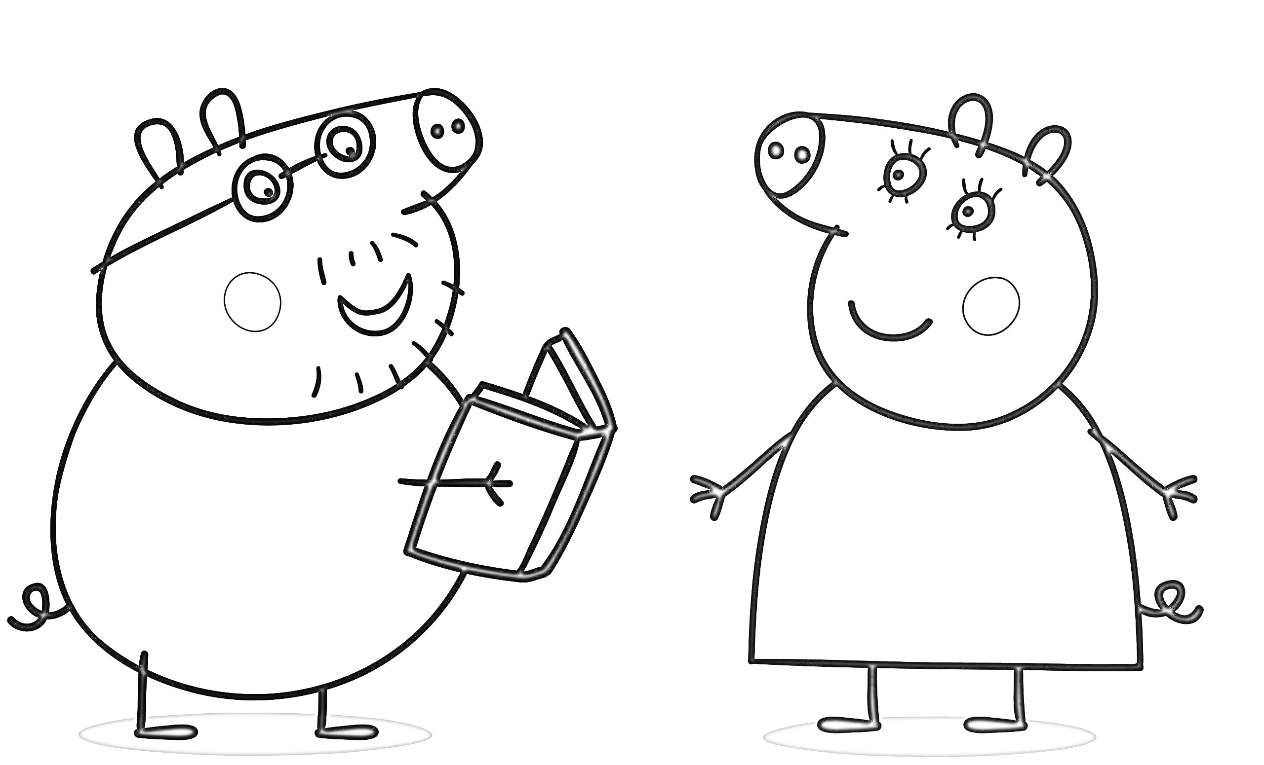 Раскраска Свинка Пеппа и Свин Папа с книгой