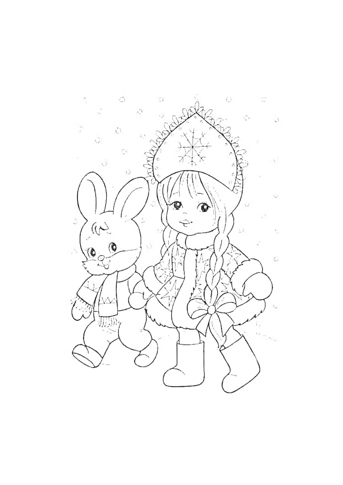 На раскраске изображено: Девочка, Зима, Заяц, Шарф, Снег, Снегопад, Зимняя одежда