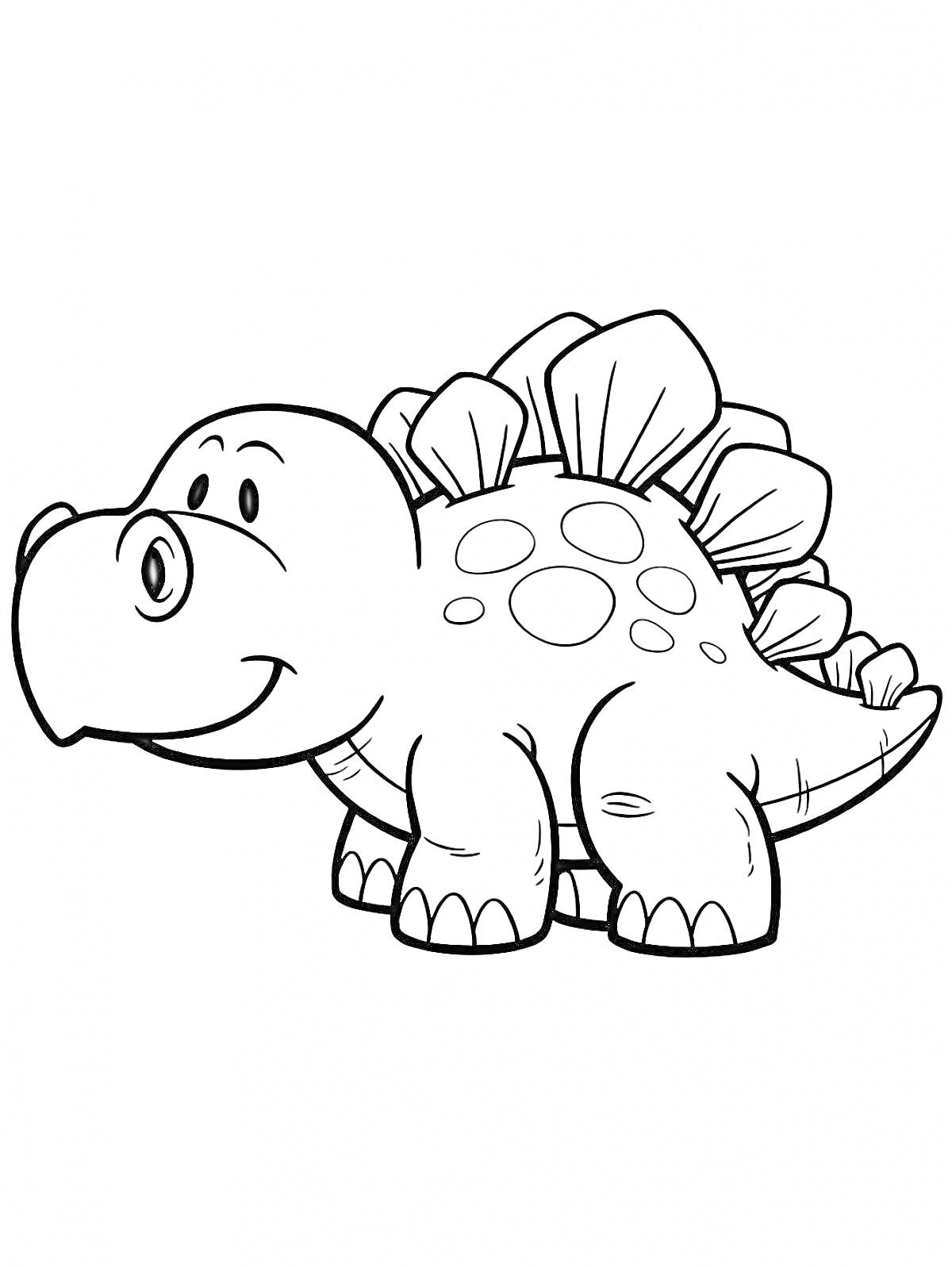 Раскраска Динозавр с пластинами на спине и пятнами, улыбающийся