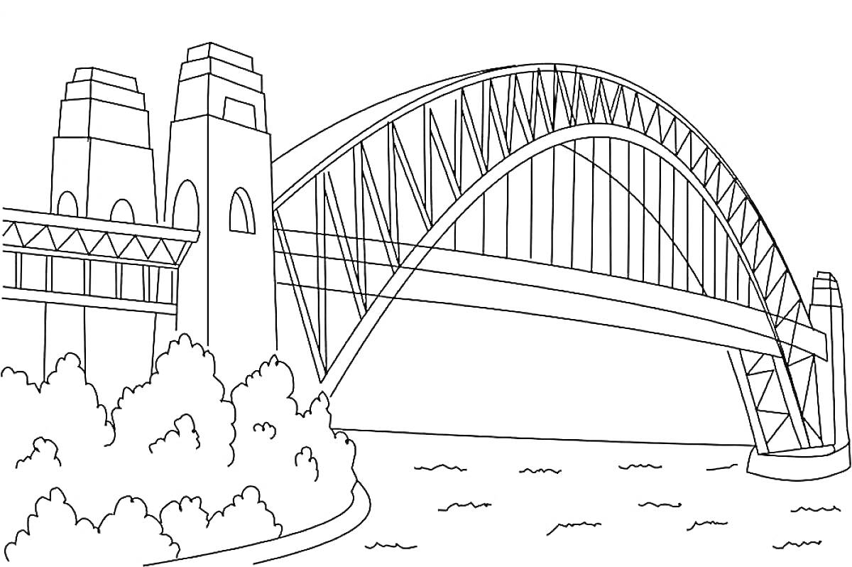 Раскраска Большой арочный мост над рекой, окружённый деревьями