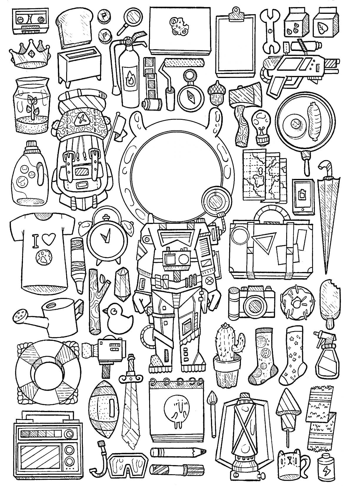 Набор объектов: космонавт, рюкзак, часы, инструменты, лампочка, портфель, зонт, фотоаппарат, чайник, кактус, носки, вентилятор и другие предметы